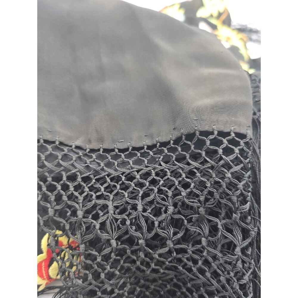 Vintage Embroidered Piano Shawl Black Floral Fringe 47x47 Spanish Style Wrap - Picture 6 of 6